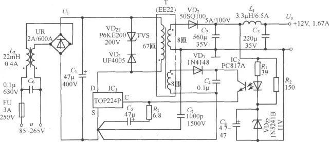TOP224P構(gòu)成的12V、20W開關(guān)直流穩(wěn)壓電源電路